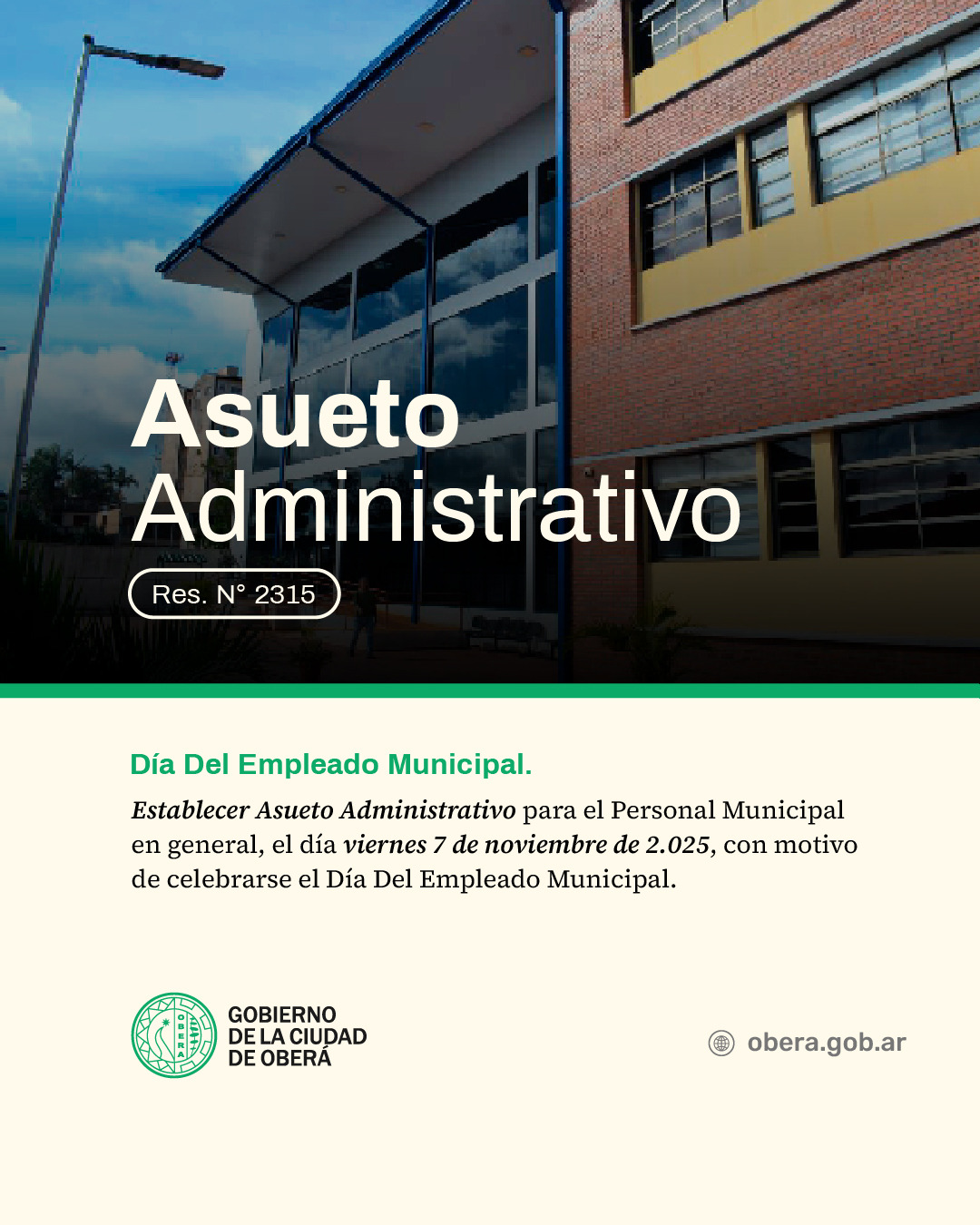 Asueto administrativo por el día del Trabajador Municipal - Oberá
